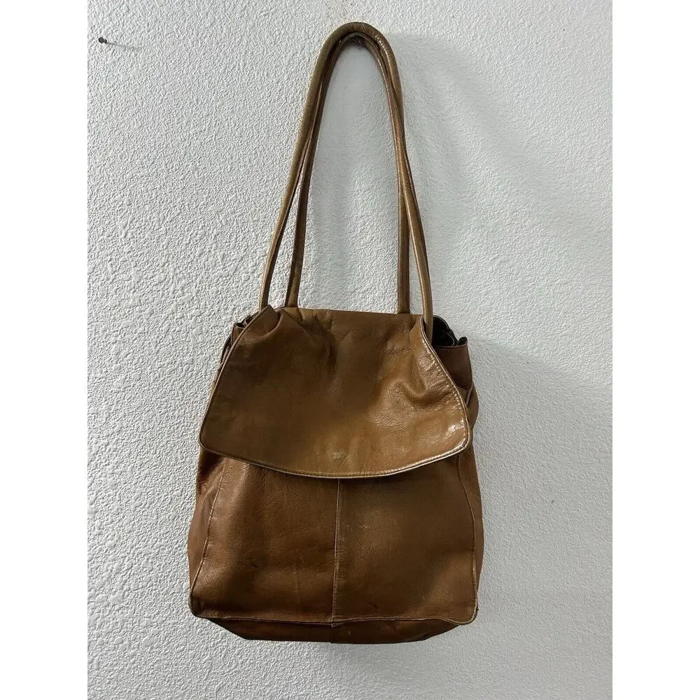 Vintage Soft Genuine Leather Flap Shoulder Hobo Bag Purse 2 Strap Distresssed‎